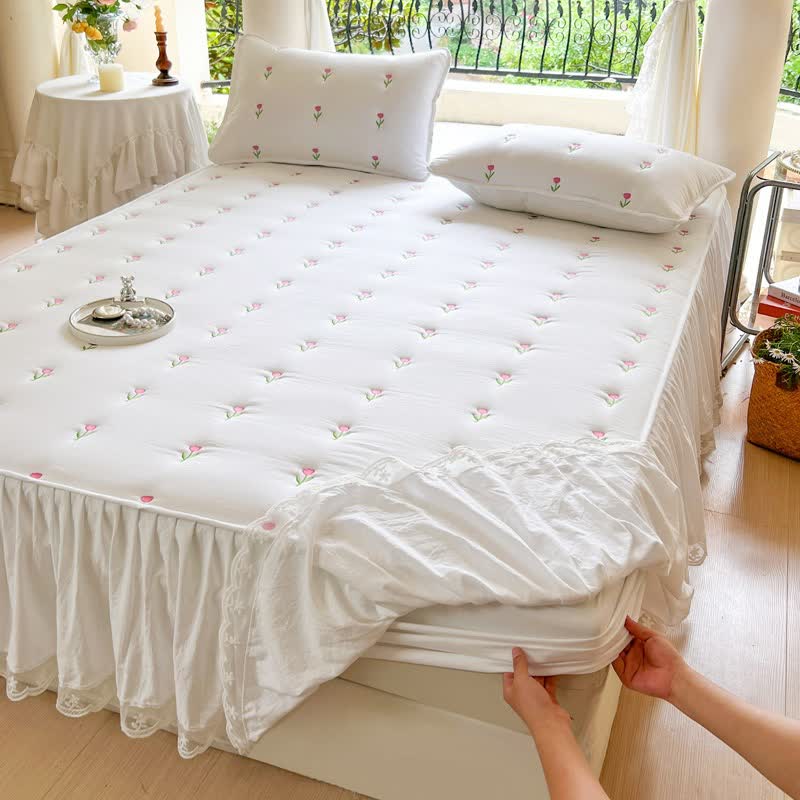 Ownkoti Tulip Embroidered Bed Skirt Sheet - White - 2PCS Pillowcases - 19" x 29" - image 8