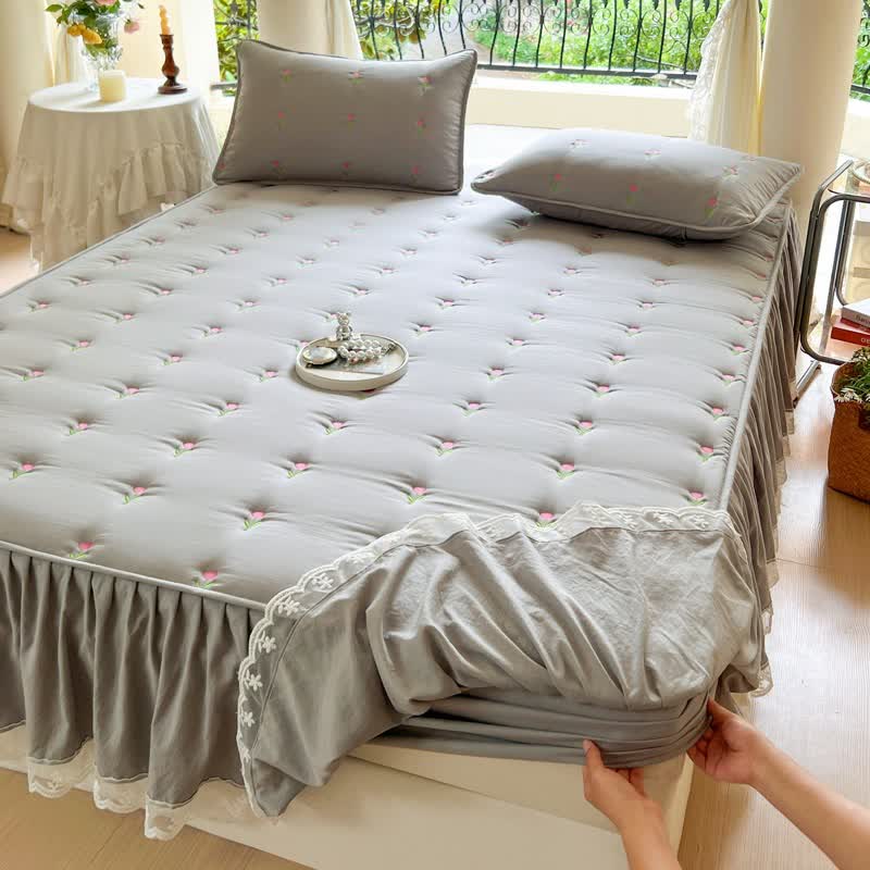 Ownkoti Tulip Embroidered Bed Skirt Sheet - Grey - 2PCS Pillowcases - 19" x 29" - image 9