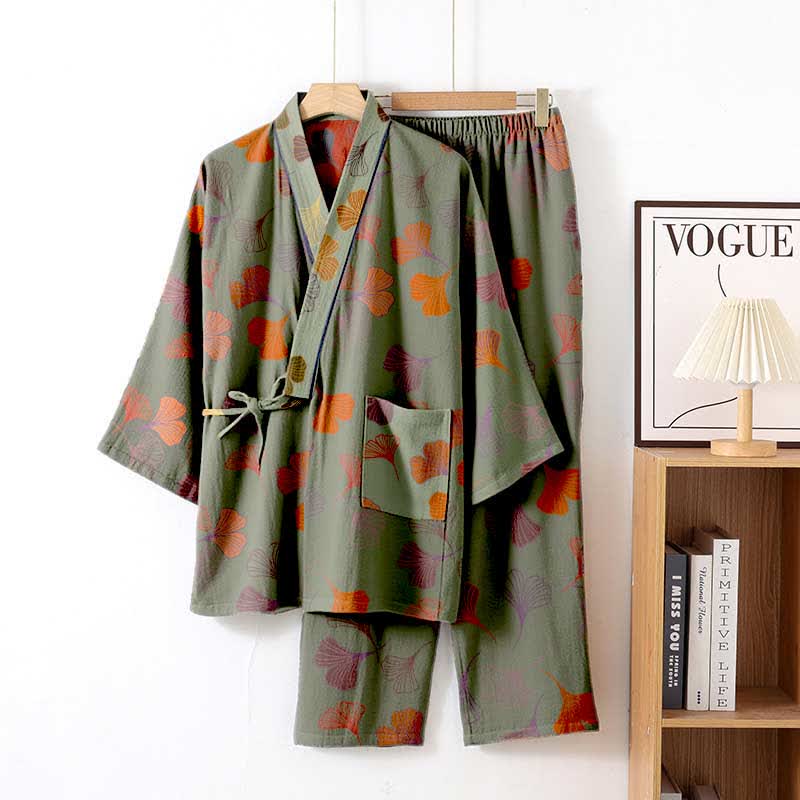 Ginkgo Cotton Gauze Kimono Loungewear Set - Green & Wine - XL - image 33