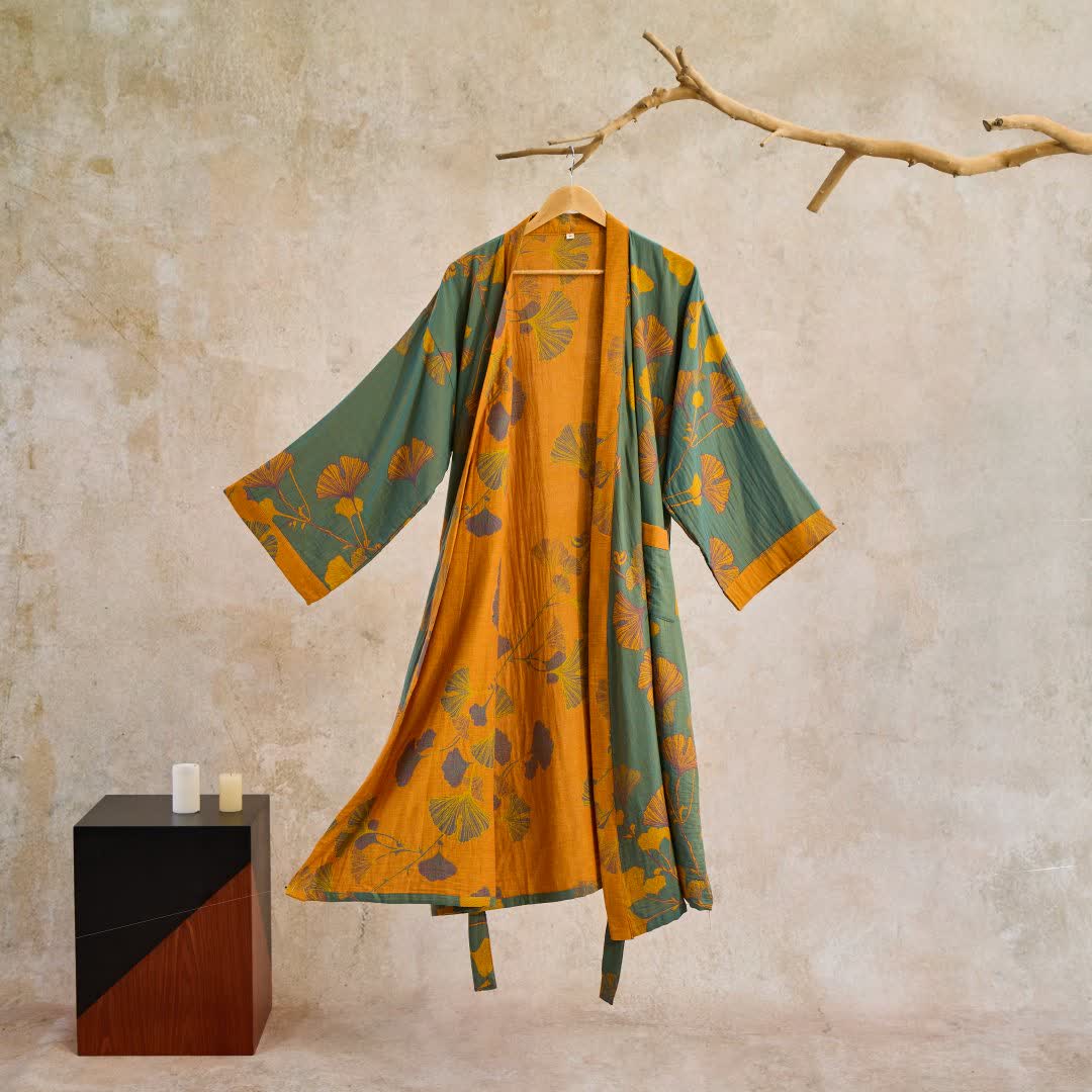 Large Ginkgo Leaf Cotton Kimono Robe - Green & Yellow - XL - image 0