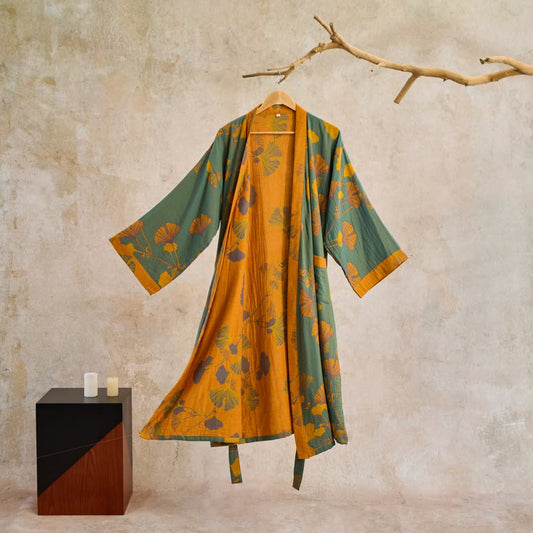 Large Ginkgo Leaf Cotton Kimono Robe - Green & Yellow - XL - image 0