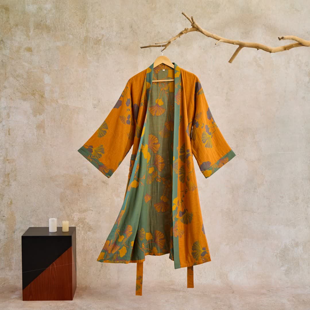 Large Ginkgo Leaf Cotton Kimono Robe - Yellow & Green - XL - image 17