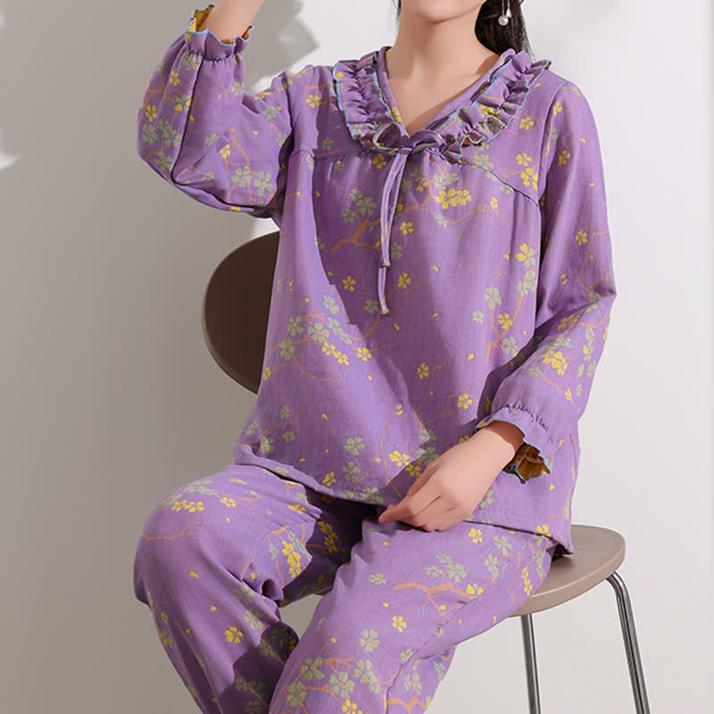 Ownkoti Floral Jacquard Ruffled Cotton Loungewear Set - image 0
