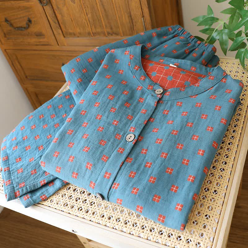 Grid Cotton Gauze Long Sleeves Loungewear - image 3