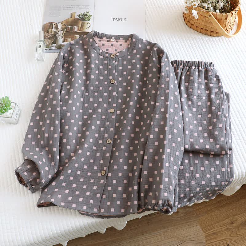 Grid Cotton Gauze Long Sleeves Loungewear - Grey - 2XL - image 4