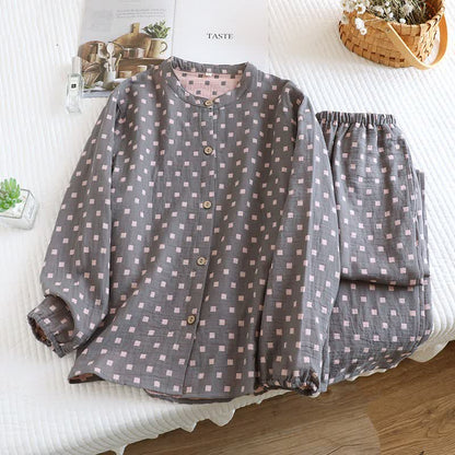 Grid Cotton Gauze Long Sleeves Loungewear - Grey - 2XL - image 4