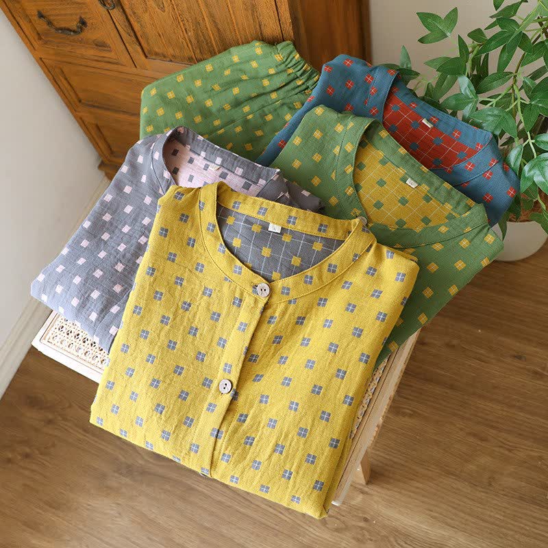 Ownkoti Grid Cotton Gauze Long Sleeves Loungewear - image 2