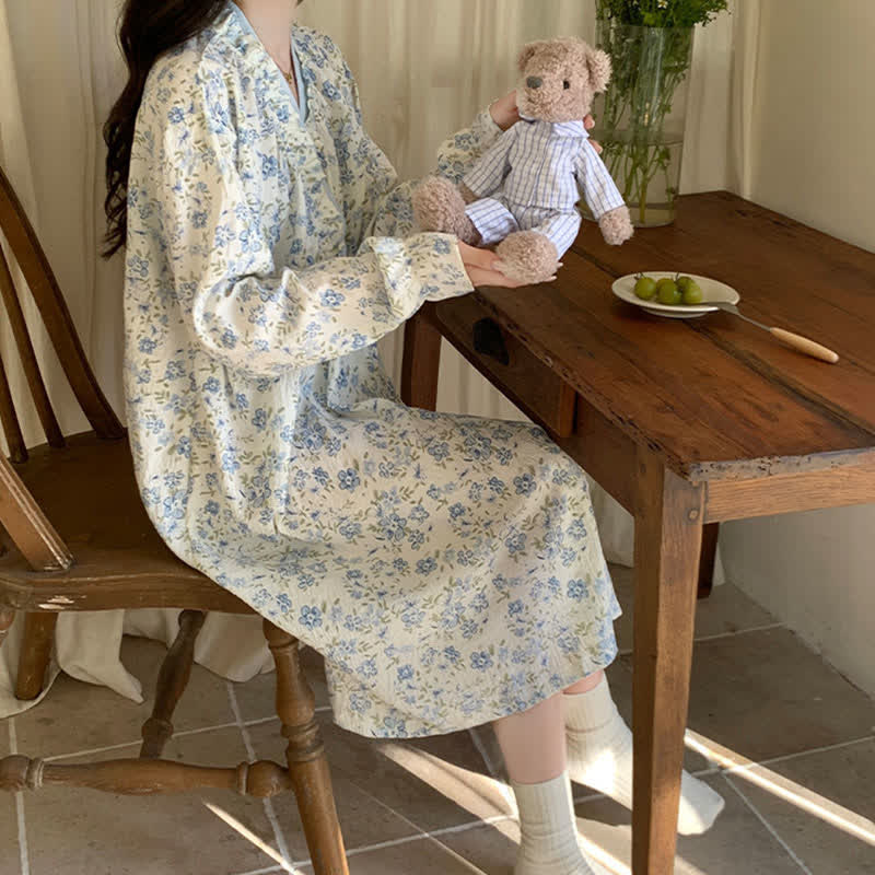 Ownkoti Blue Floral Long Sleeve Ruffled Nightgown - image 5