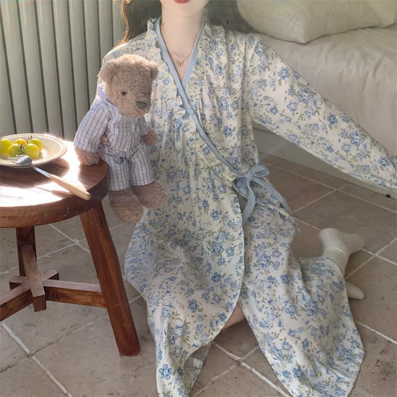 Ownkoti Blue Floral Long Sleeve Ruffled Nightgown - image 2