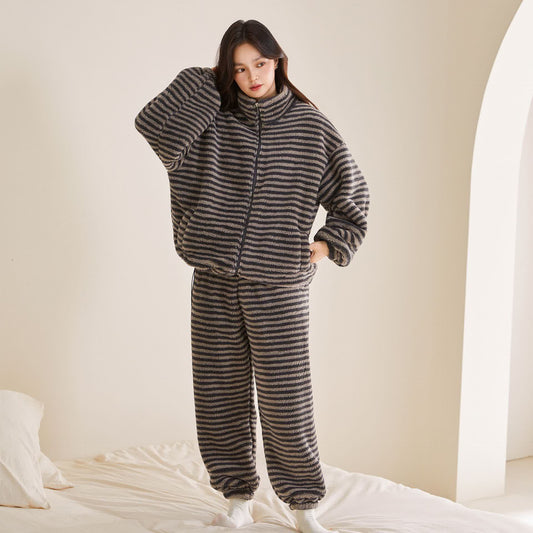 Ownkoti Striped Plush Zip-Up Loungewear Set - Grey - XXL - image 0