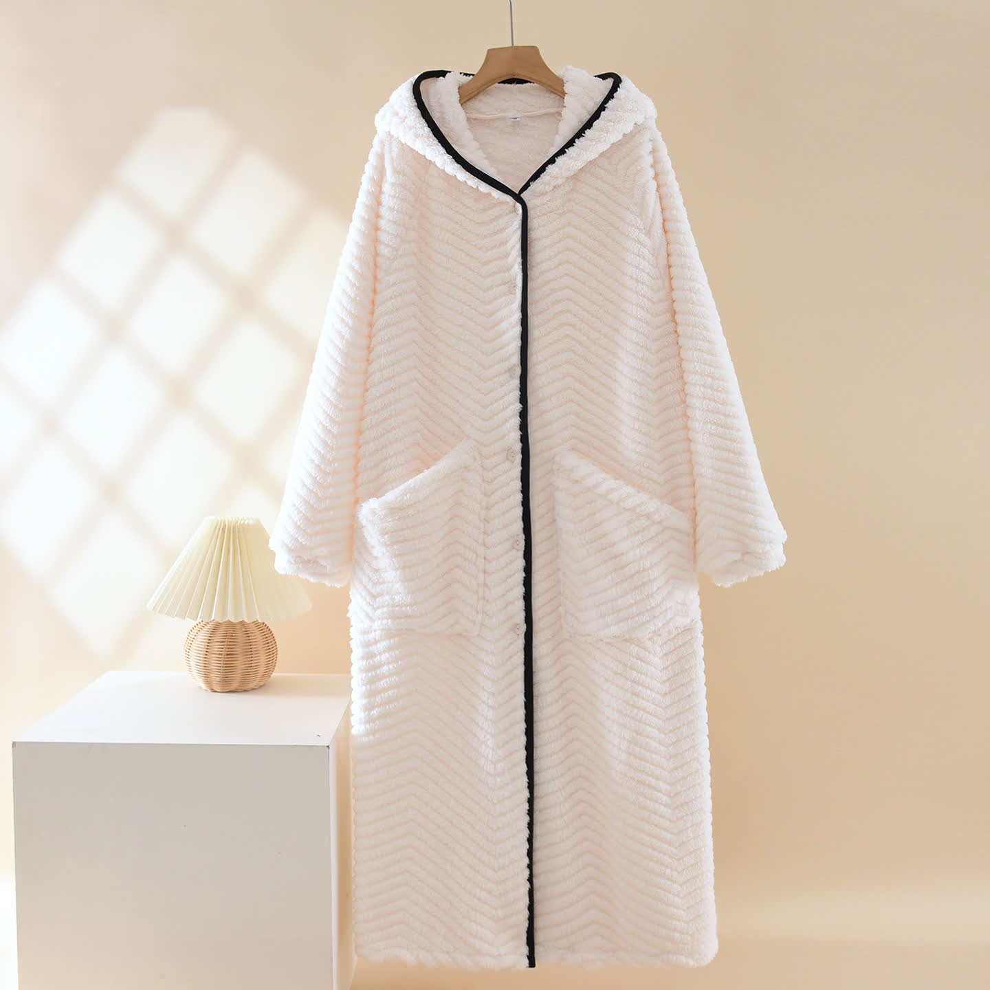 Ownkoti Solid Color Hooded Plush Button Robe - Beige - XL - image 2