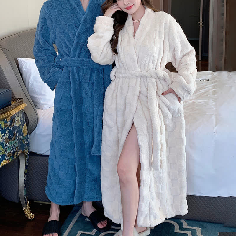 Ownkoti Solid Color Grid Textured Plush Bathrobe - image 0