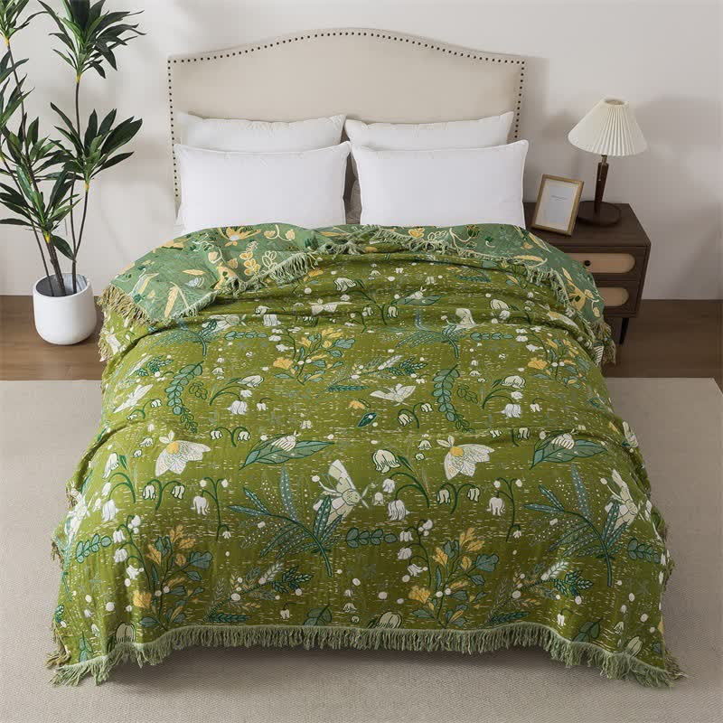 Ownkoti Green Leaf Floral Cotton Tassel Blanket - image 5