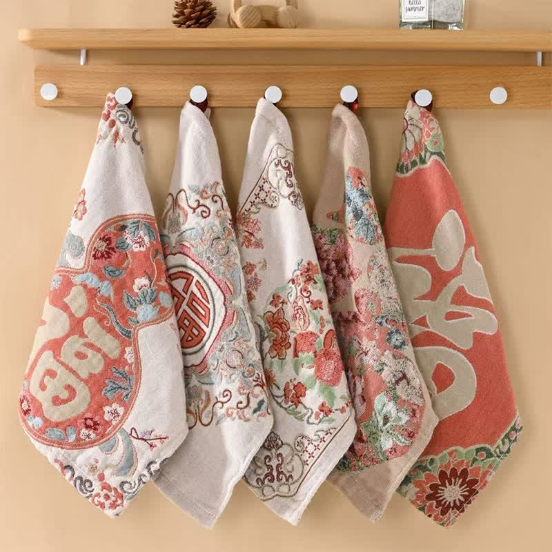 Ownkoti Retro Auspicious Cotton Kitchen Absorbent Towel - Set of 5 - 14"W*14"L - image 0