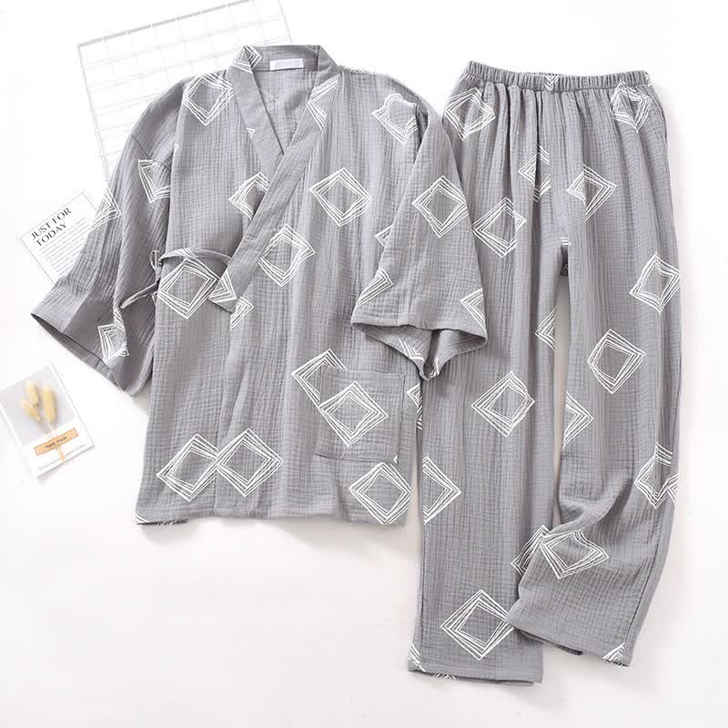 Ownkoti Unisex Diamond Cotton Kimono Loungewear Set - Gray - XL - image 1