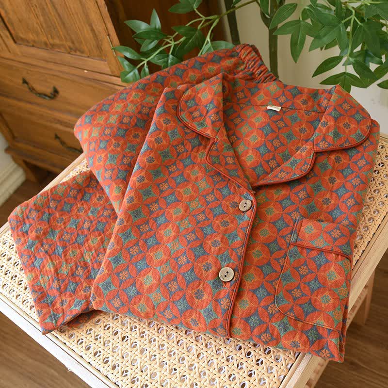 Ownkoti Retro Geometric Pattern Cotton Gauze Loungewear - Orange - XXL - image 0