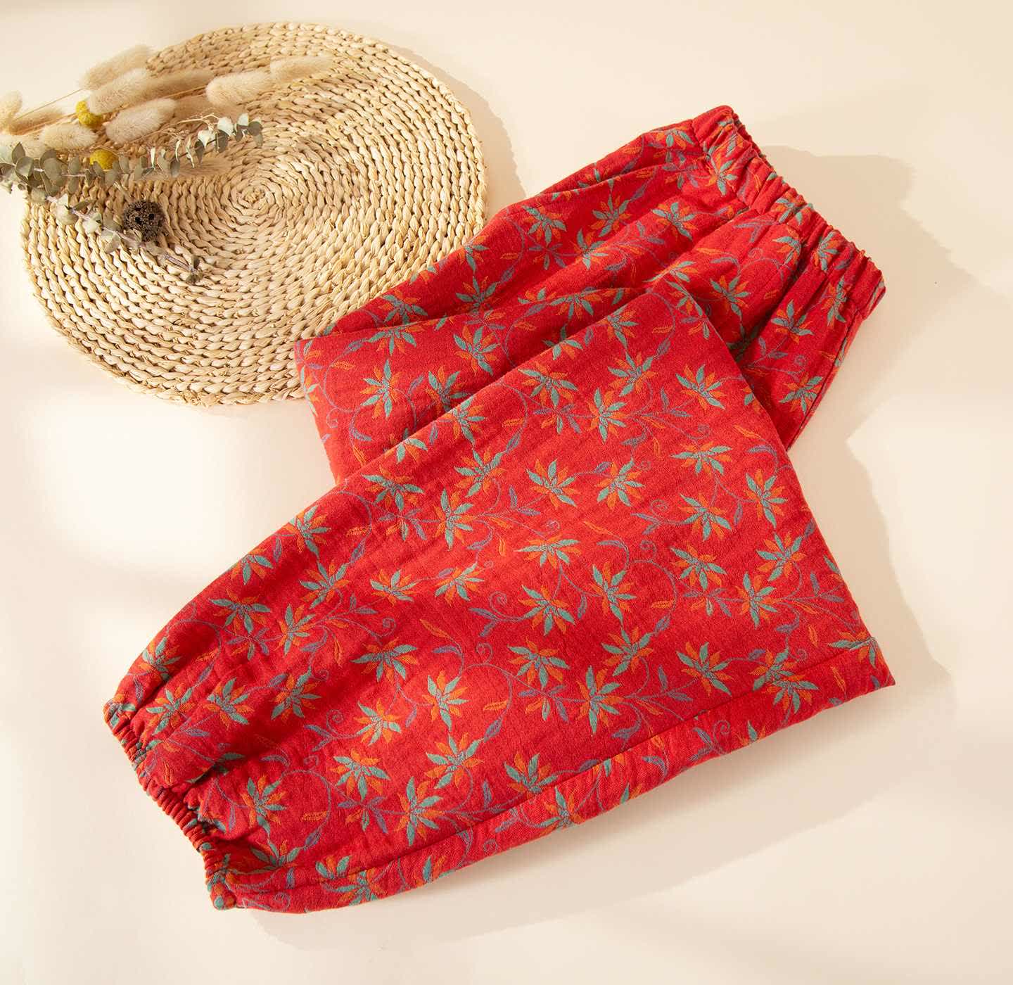 Ownkoti Leaf Inspired Cotton Gauze Pajama Pants - Red - 2XL - image 0