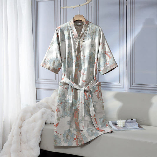 Unisex Blue Peony Cotton Gauze Bathrobe - XL - image 0