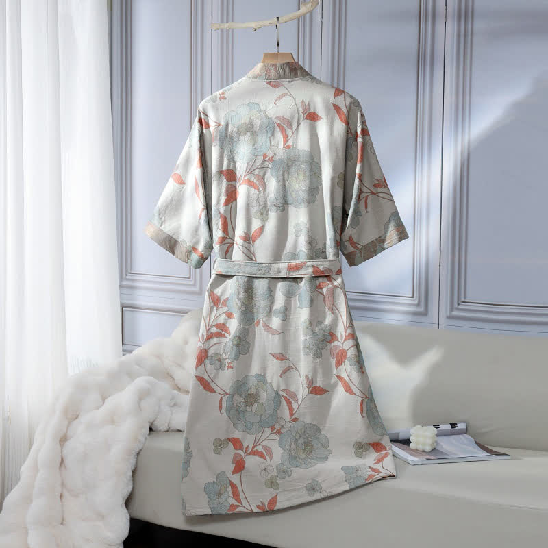 Unisex Blue Peony Cotton Gauze Bathrobe - image 1