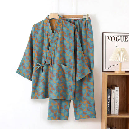 Ginkgo Leaf Cotton Kimono Loungewear Set - Blue - XL - image 1