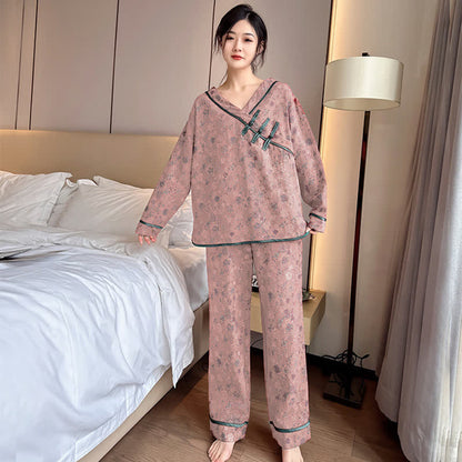 Plus Size Frog Button Rose Cotton Pajama Set - Coral Orange - 3XL - image 7