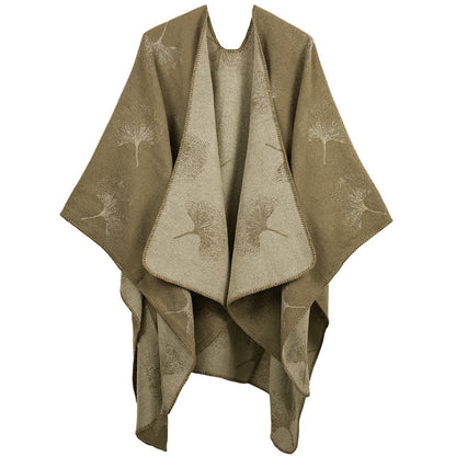 Luxurious Ginkgo Leaf Travel Shawl Cape - Khaki - 51" x 59" - image 2