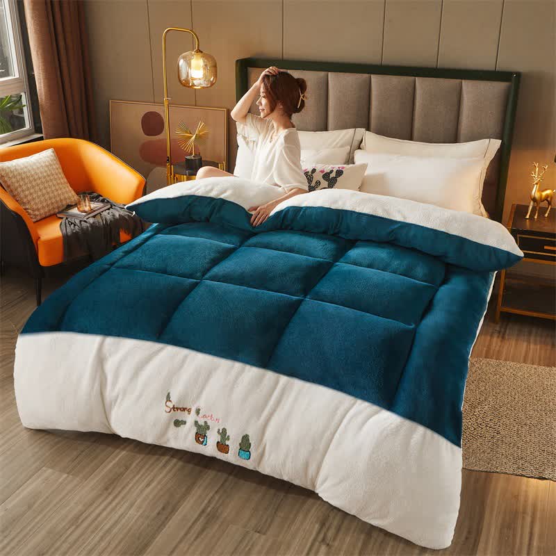 Ownkoti Checkered Quilted Cactus Embroidered Blanket - Cyan - Queen - image 0