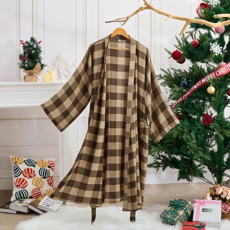 Classic Plaid Cotton Gauze Kimono Robe - image 5