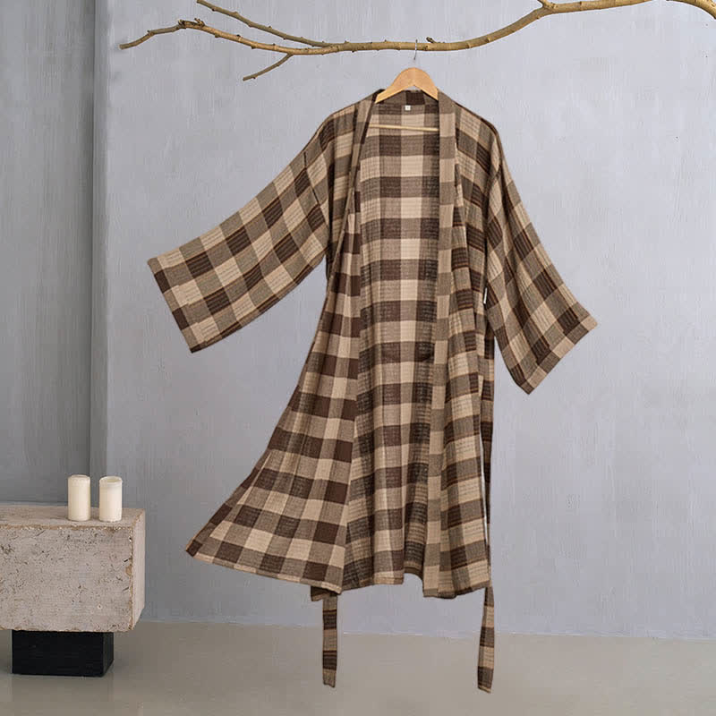 Classic Plaid Cotton Gauze Kimono Robe - image 7