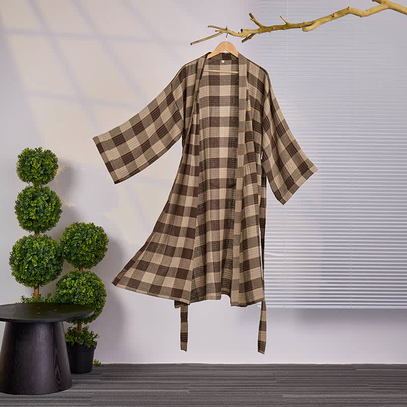 Classic Plaid Cotton Gauze Kimono Robe - Coffee - XXL - image 6