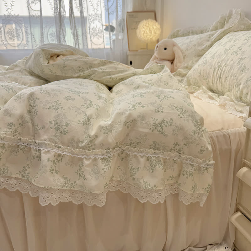Ownkoti Elegant Leaf Floral Cotton Lace Bedding Set - Green - Queen - image 0