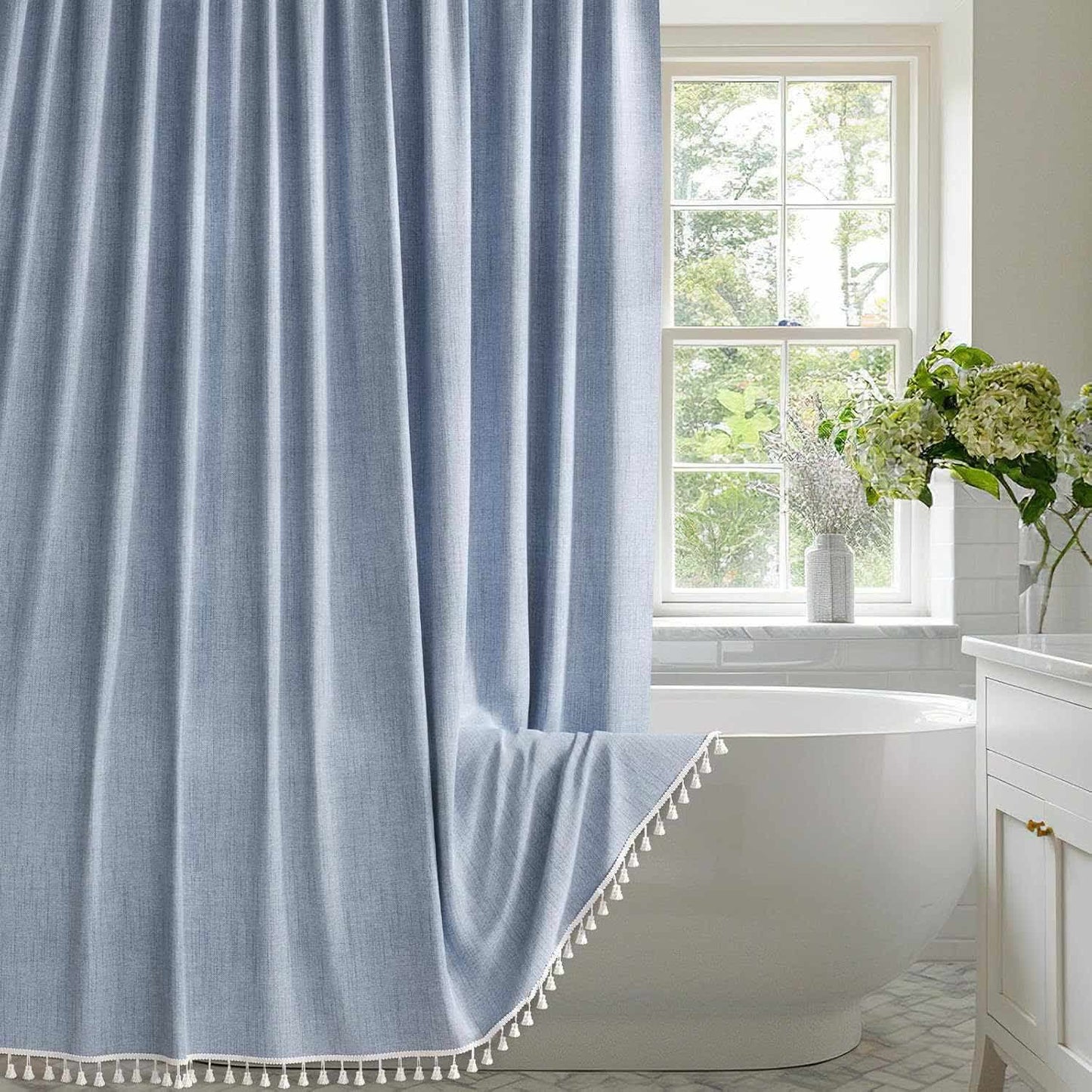 Solid Color Minimalist Tassel Shower Curtain - Blue - 72"W x 78"L - image 2