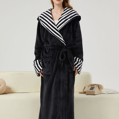 Unisex Striped Collared Hooded Plush Robe - Black - 2XL - image 0