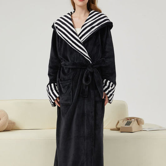 Unisex Striped Collared Hooded Plush Robe - Black - 2XL - image 0