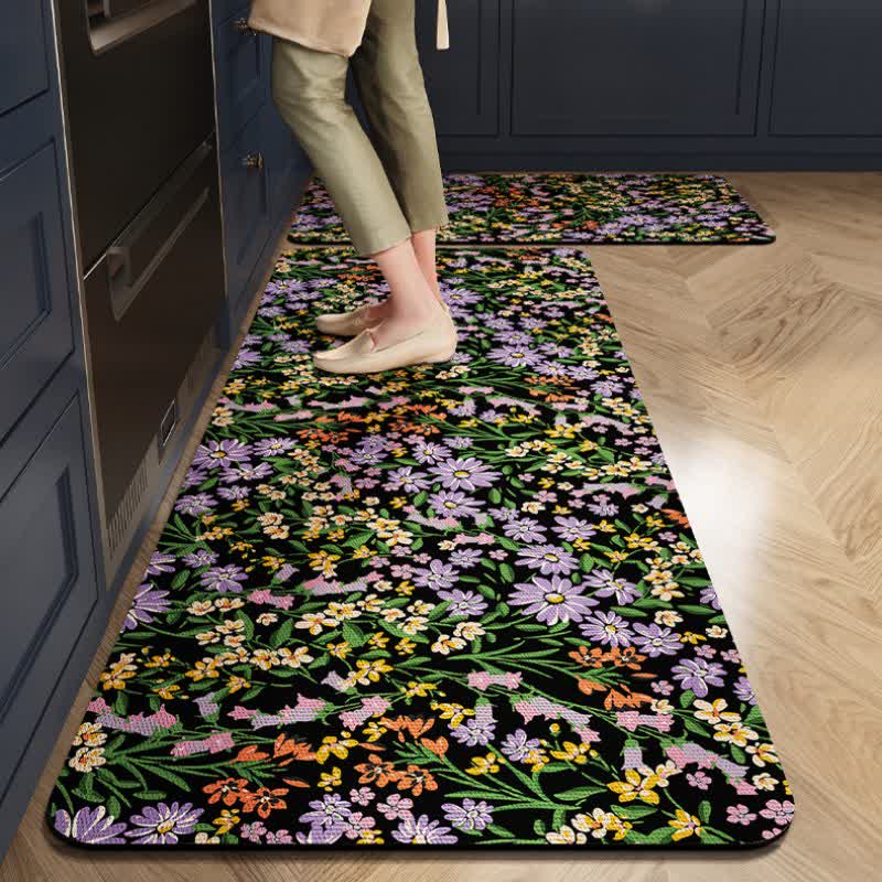 Rustic Daisy Absorbent Kitchen Rug - Black & Purple - 23" x 35"+23" x 79" - image 3