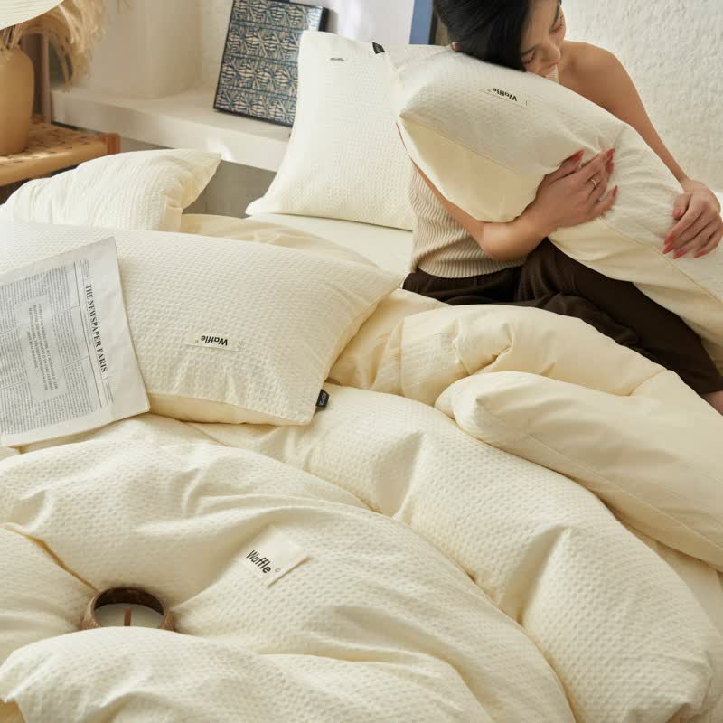 Solid Waffle Weave Cotton Bedding Set - Beige - King - image 17