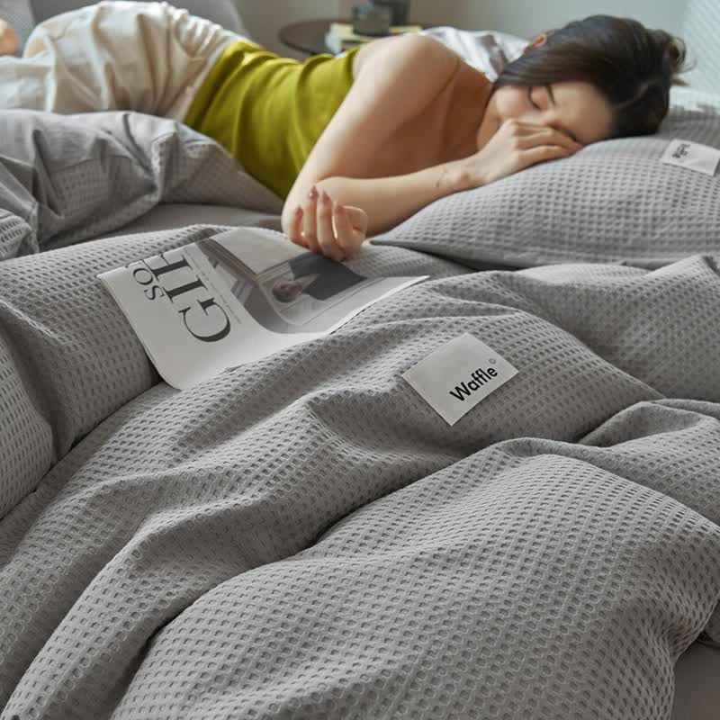 Solid Waffle Weave Cotton Bedding Set - Light Gray - King - image 8