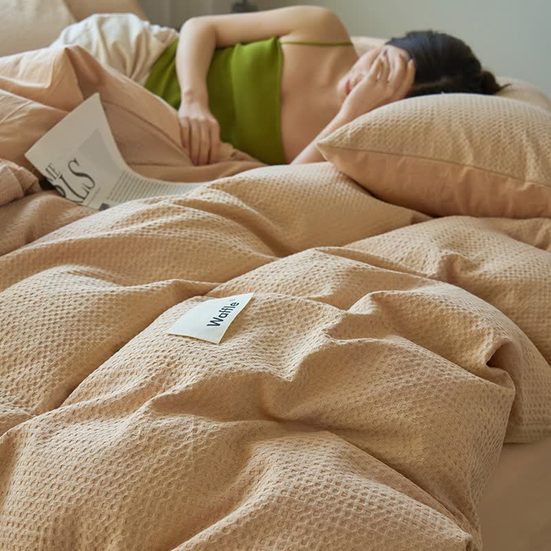 Solid Waffle Weave Cotton Bedding Set - Apricot - King - image 10