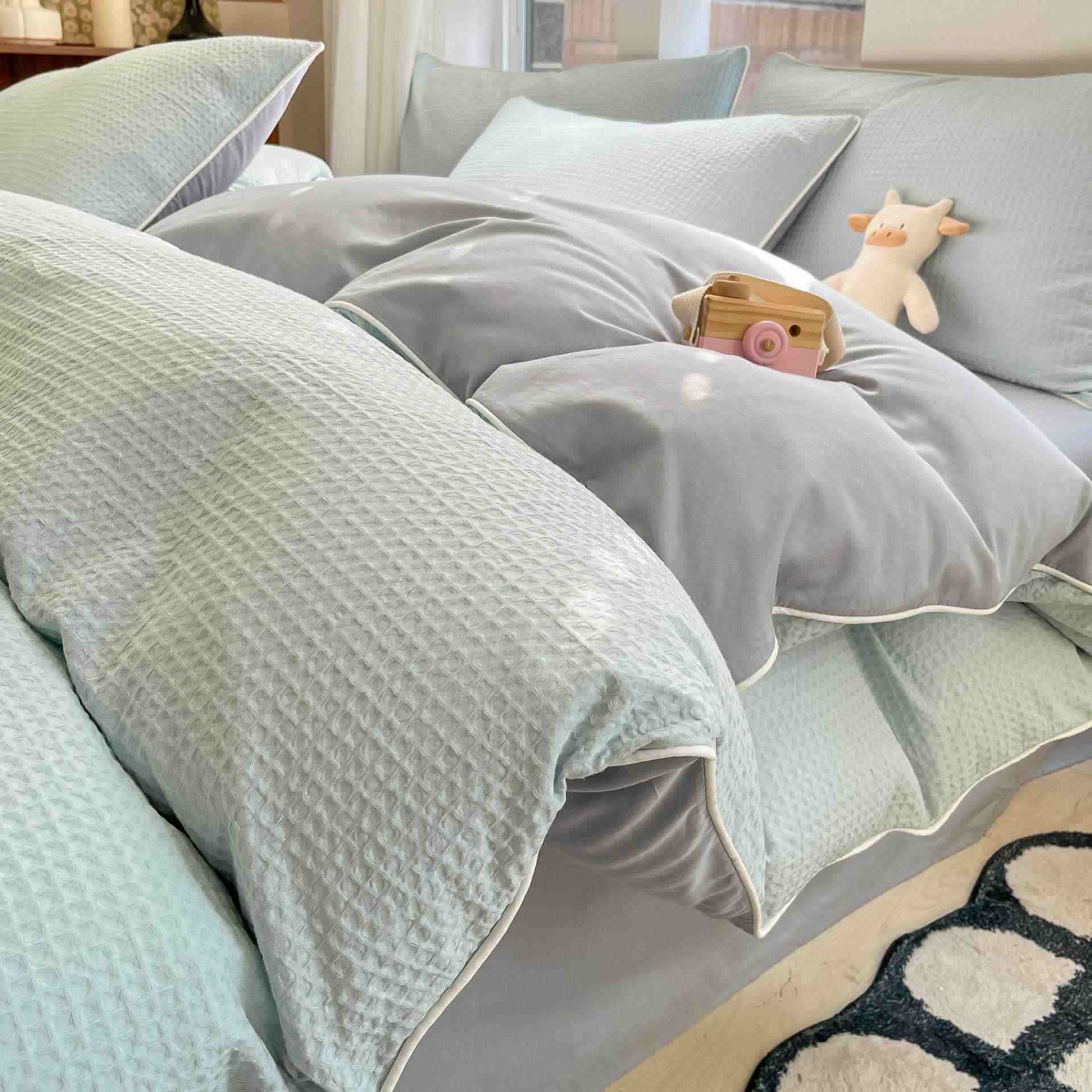 Minimalist Waffle Cotton Bedding Set - Sky Blue - King - image 8