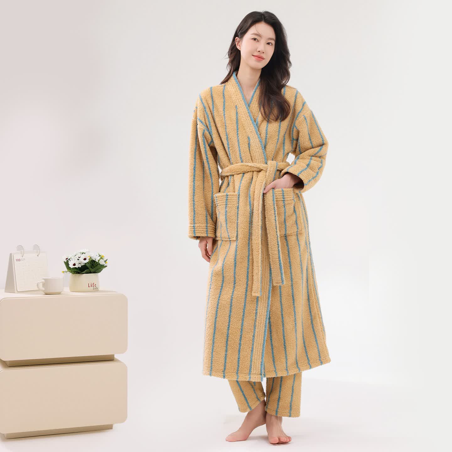 Vertical Stripe Warm Plush Robe - Light Camel - Bathrobe with Pants - 2XL - image 3