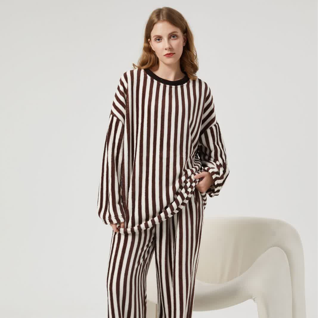 Vertical Striped Plush Loungewear Set - Dark Brown - XL - image 3