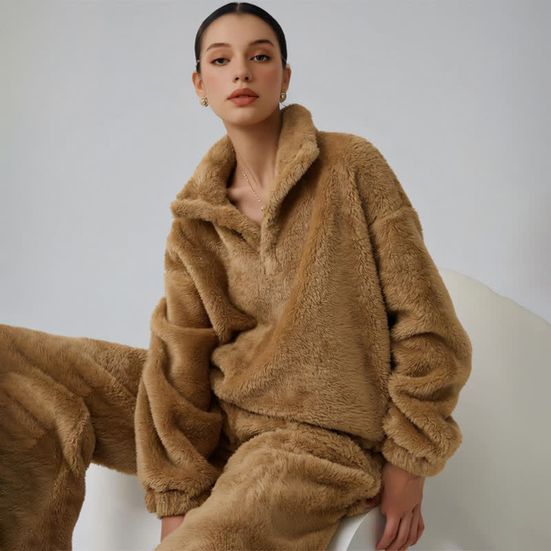 Solid Color Plush Loungewear Set - Dark Brown - XL - image 0