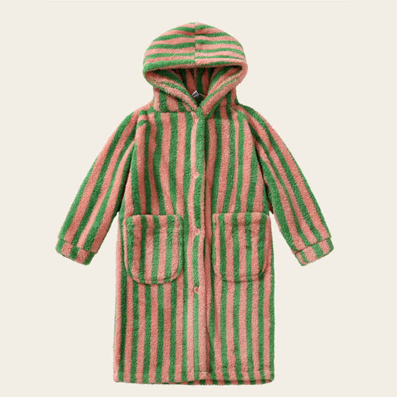 Striped Hooded Plush Warm Child Robe - Pink & Green - Child:140-160cm - image 8
