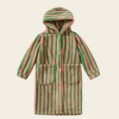 Striped Hooded Plush Warm Child Robe - Pink & Green - Child:140-160cm - image 8
