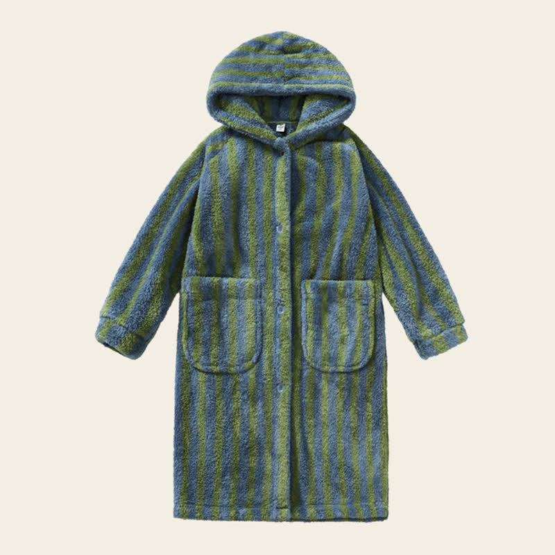 Striped Hooded Plush Warm Child Robe - Dark Green - Child:140-160cm - image 7