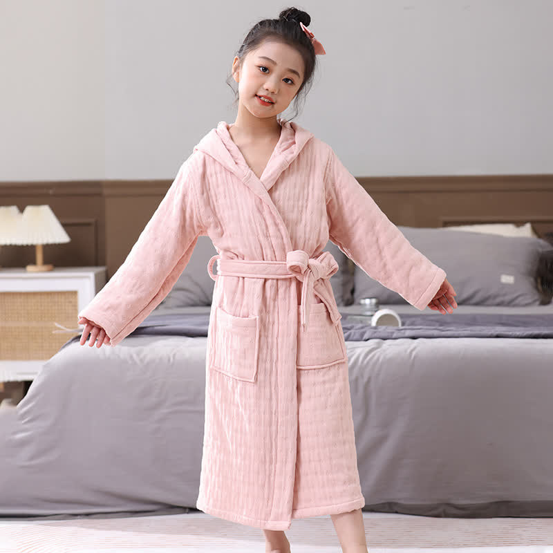 Solid Cotton Gauze Hooded Child Bathrobe - Pink - Child:135-150cm - image 1