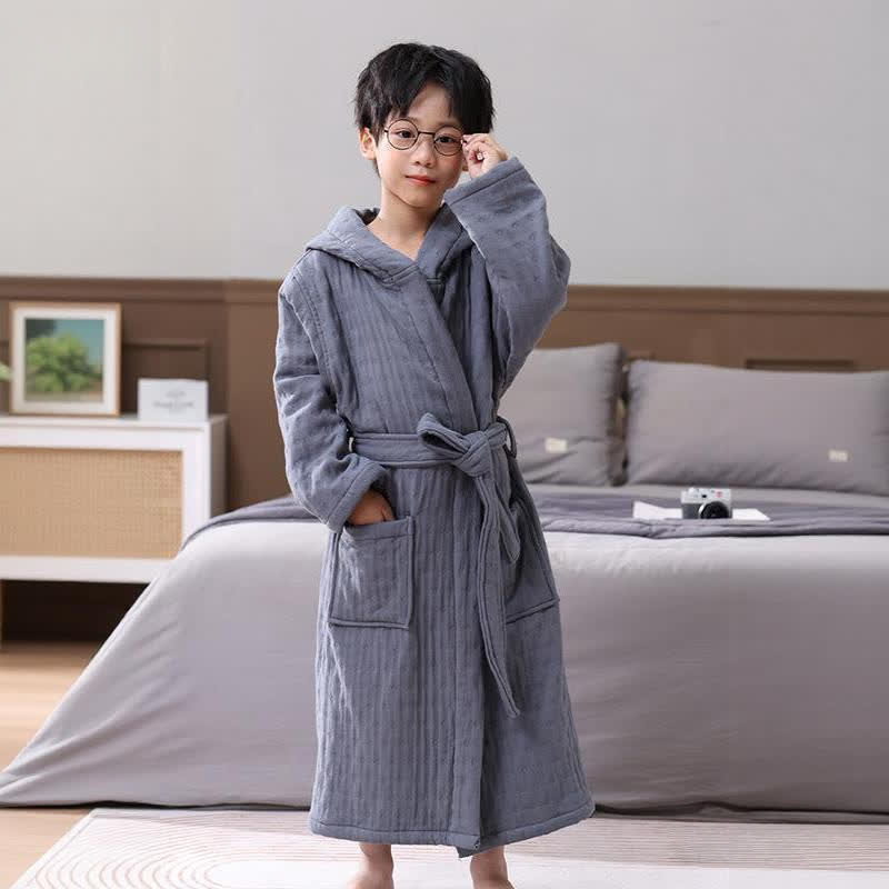 Solid Cotton Gauze Hooded Child Bathrobe - Gray - Child:135-150cm - image 8