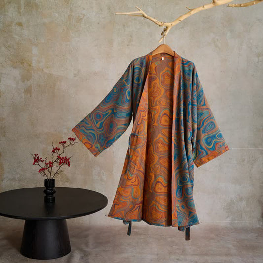 Artistic Abstract Pattern Cotton Kimono Robe - Blue - L - image 0