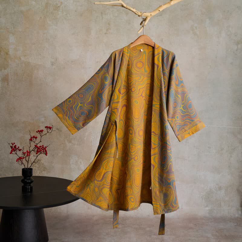 Artistic Abstract Pattern Cotton Kimono Robe - Green - L - image 4