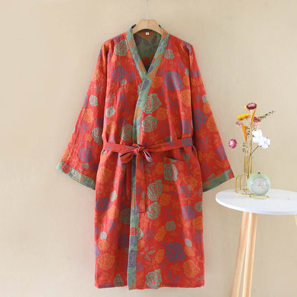 Romantic Rose Cotton Gauze Kimono Robe - Red - XL - image 0